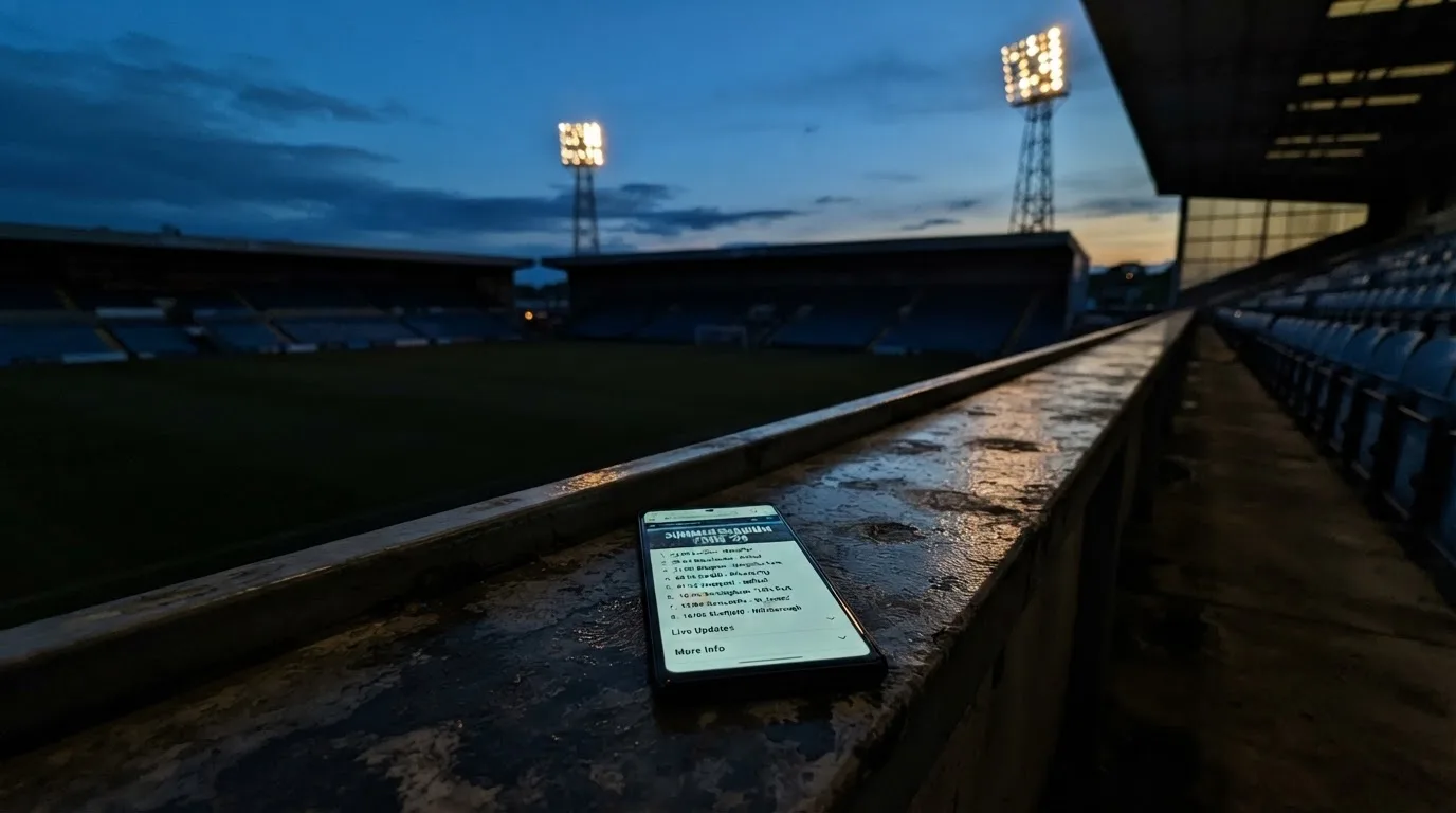 An empty football stadium with floodlight masts at dusk