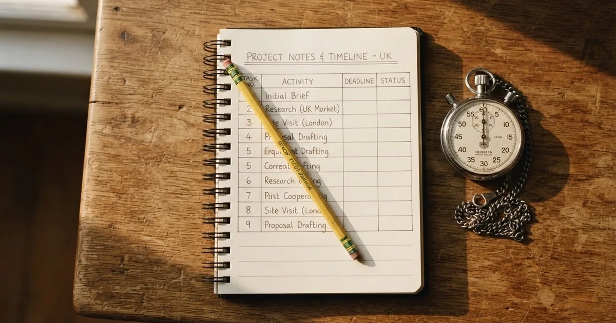 An open notebook with a pencil and a stopwatch on a wooden table