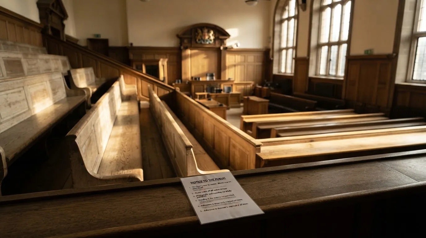 An empty courtroom with wooden benches in morning light