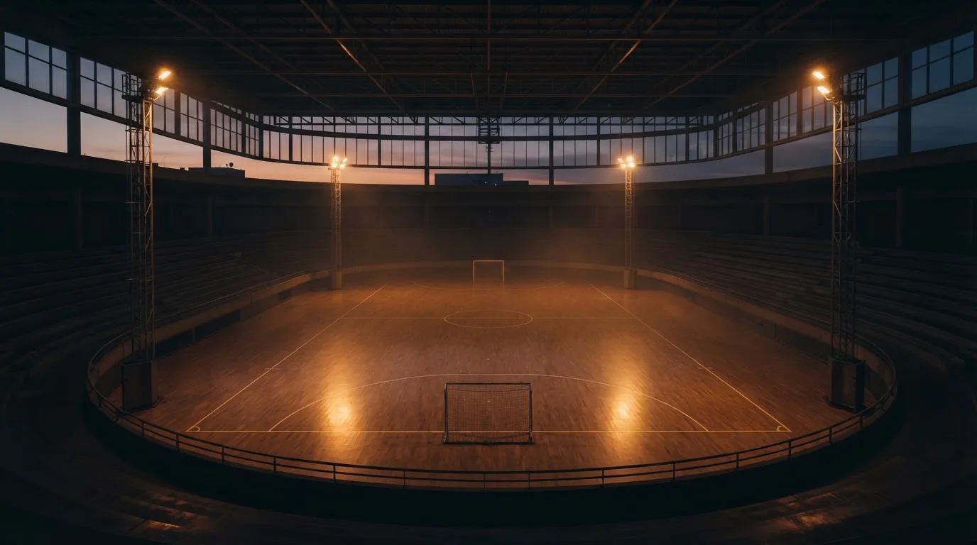 An empty football stadium with floodlight masts at dusk