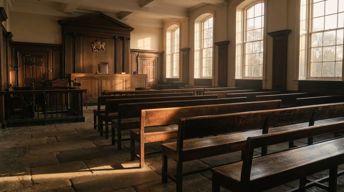 An empty courtroom with wooden benches in morning light