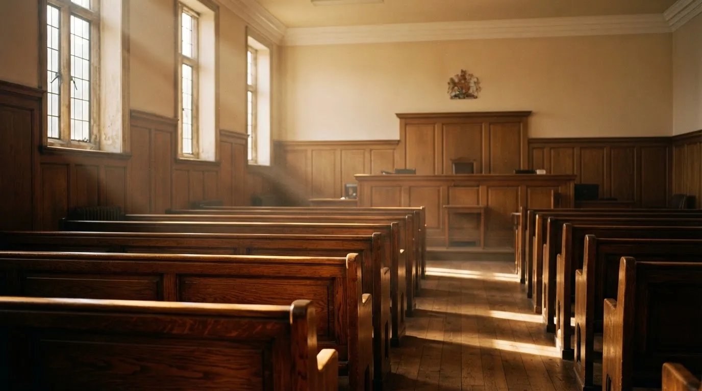 An empty courtroom with wooden benches in morning light