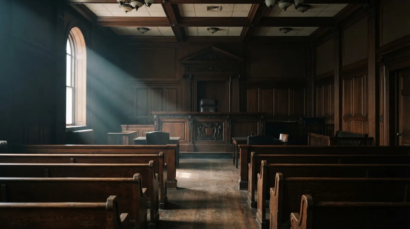 An empty courtroom with wooden benches in morning light