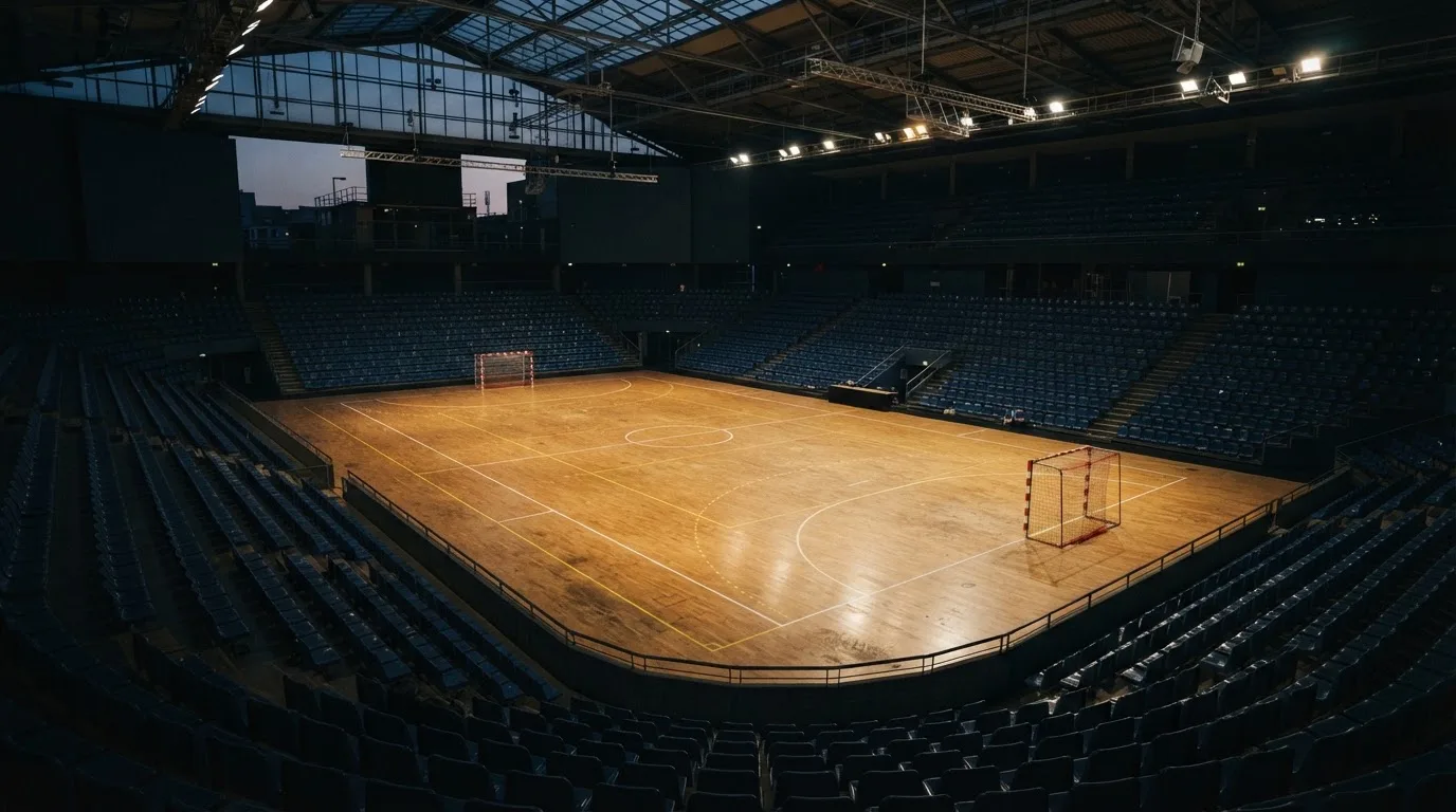 An empty football stadium with floodlight masts at dusk