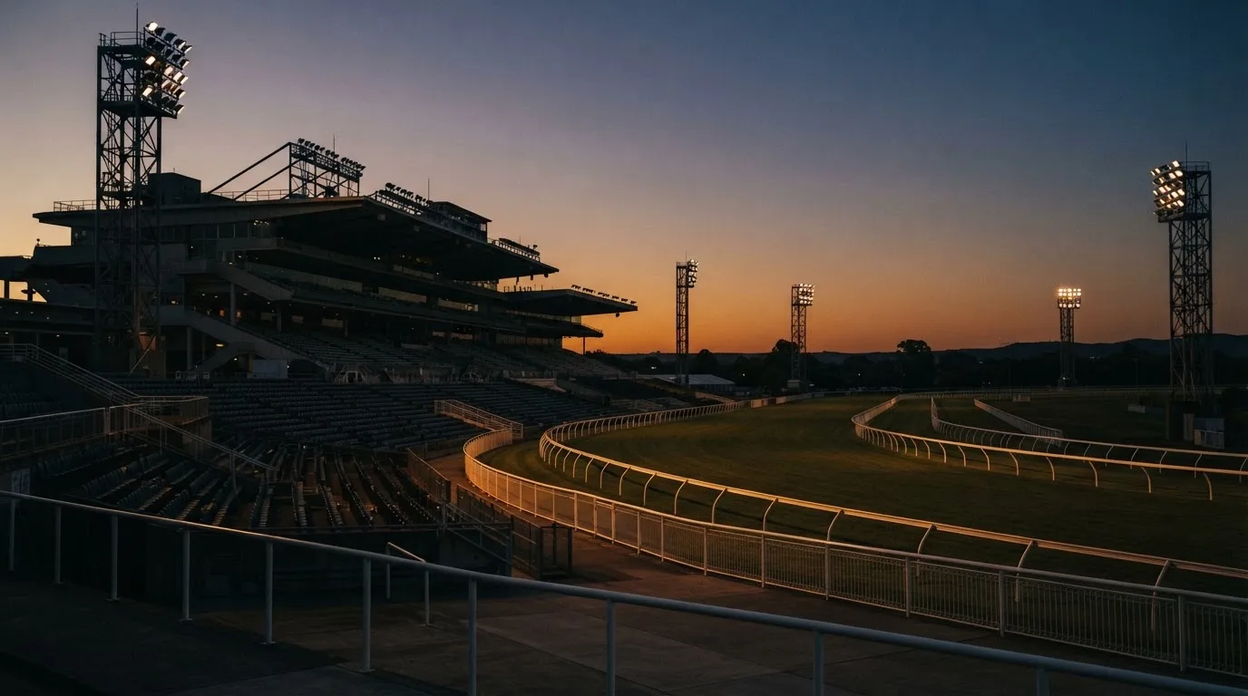 An empty football stadium with floodlight masts at dusk