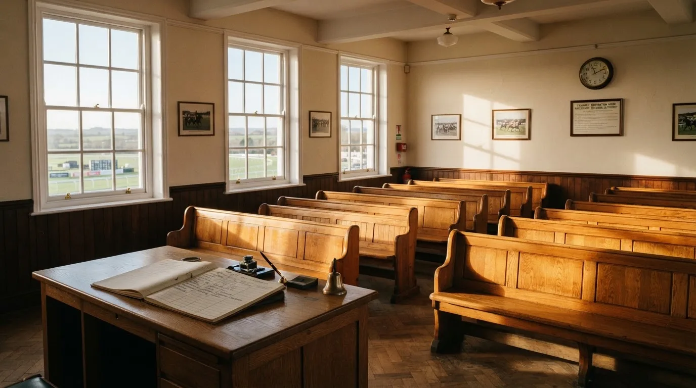 An empty courtroom with wooden benches in morning light