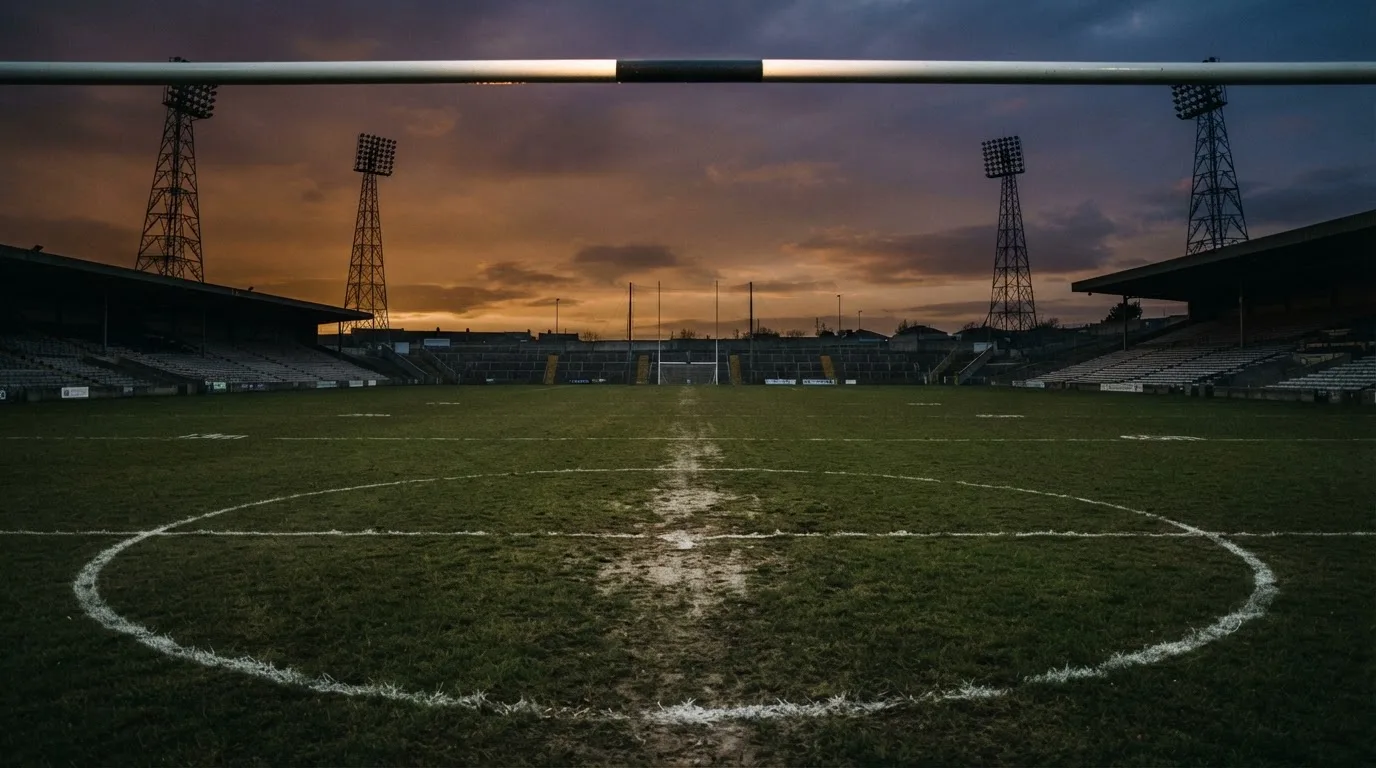 An empty football stadium with floodlight masts at dusk