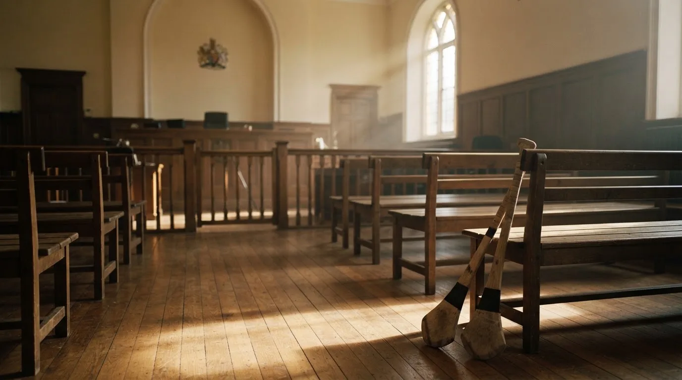 An empty courtroom with wooden benches in morning light