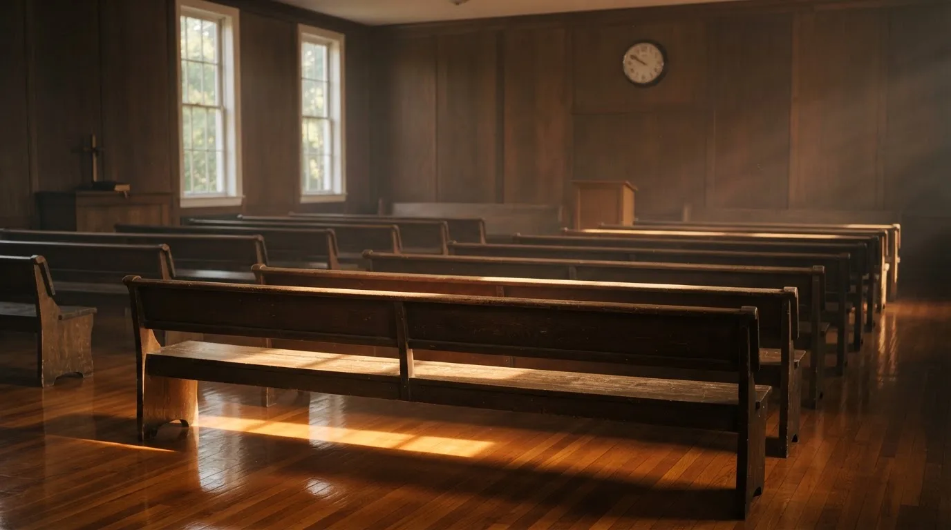 An empty courtroom with wooden benches in morning light