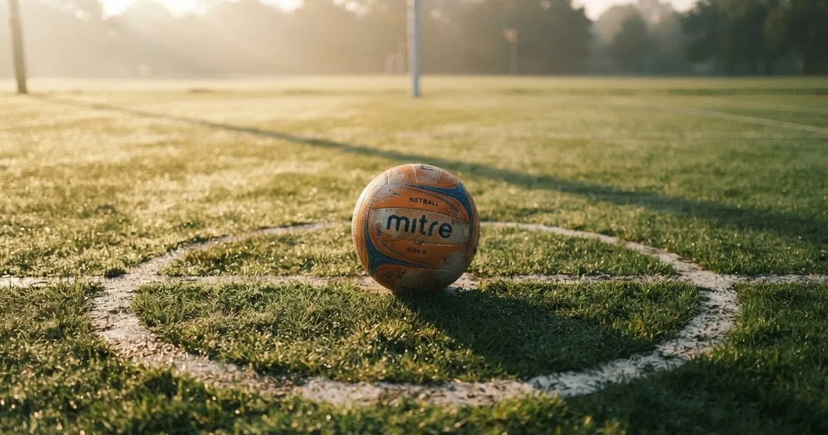 A ball on the centre spot of a grass pitch in morning light