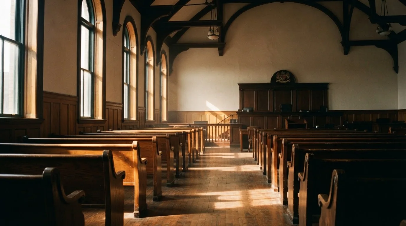 An empty courtroom with wooden benches in morning light
