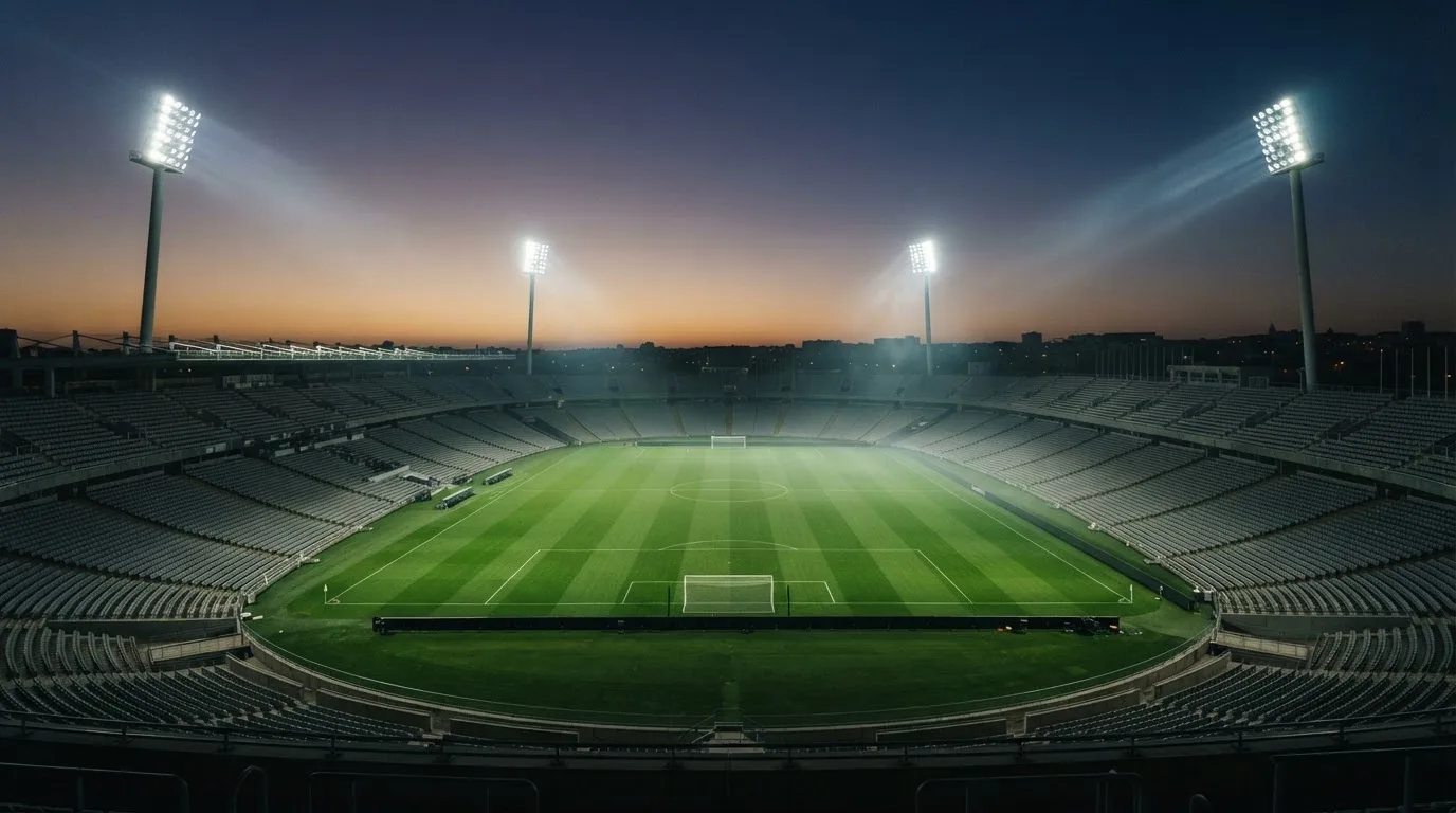 An empty football stadium with floodlight masts at dusk