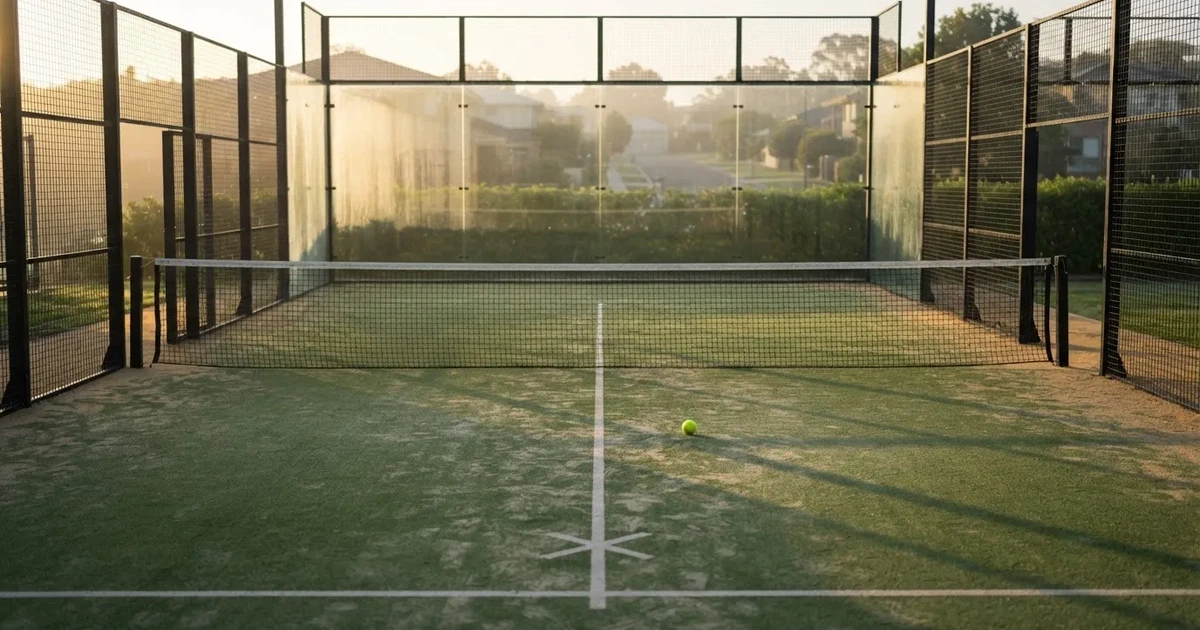 A ball on the centre spot of a grass pitch in morning light