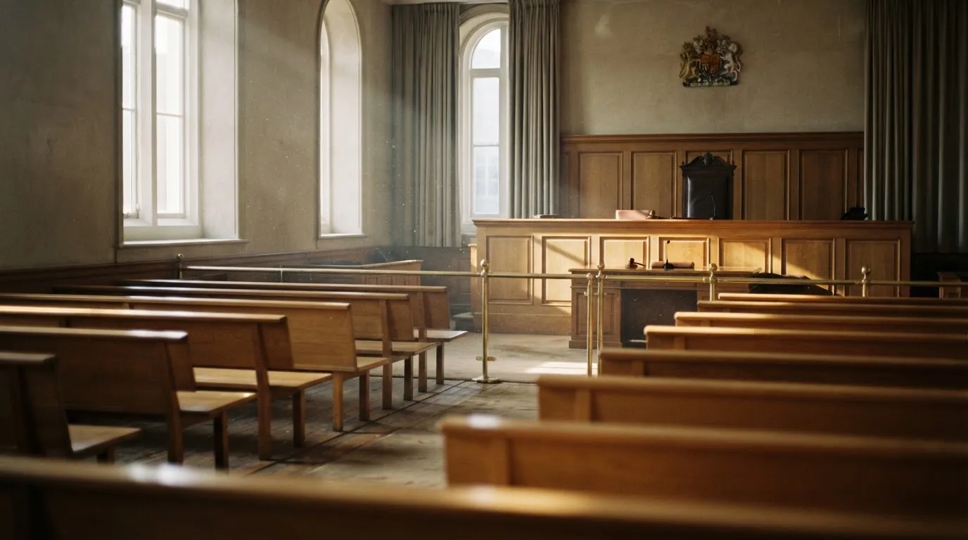 An empty courtroom with wooden benches in morning light
