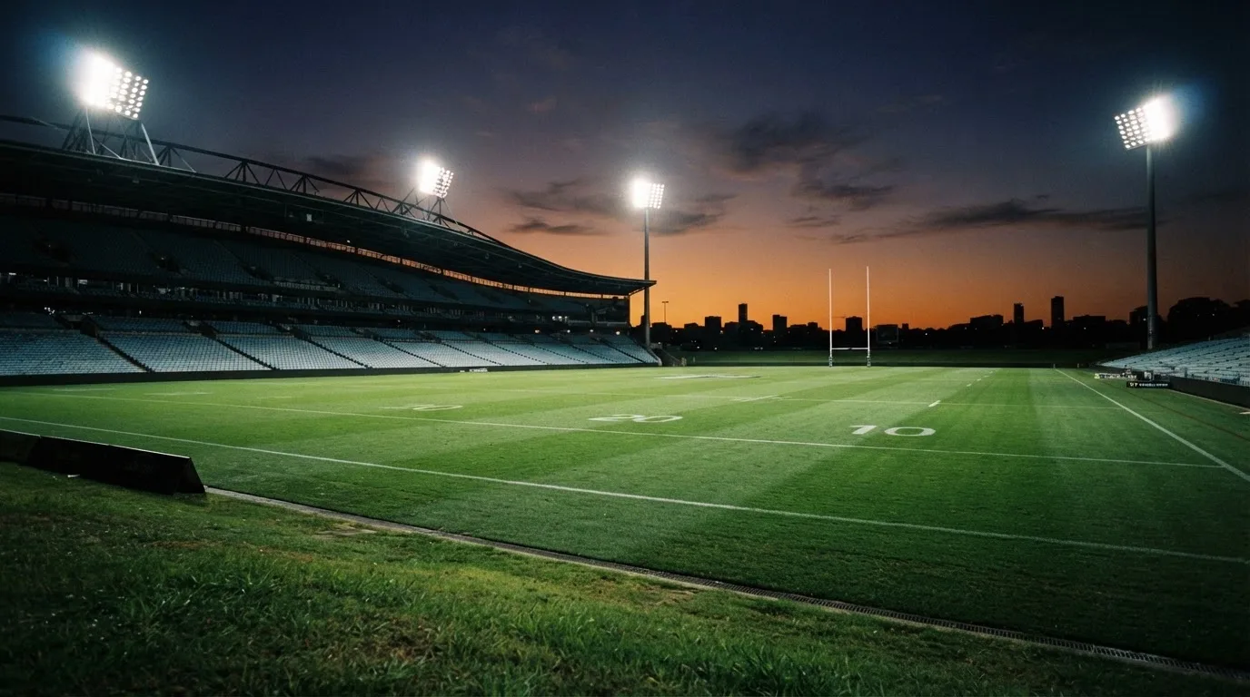 An empty football stadium with floodlight masts at dusk