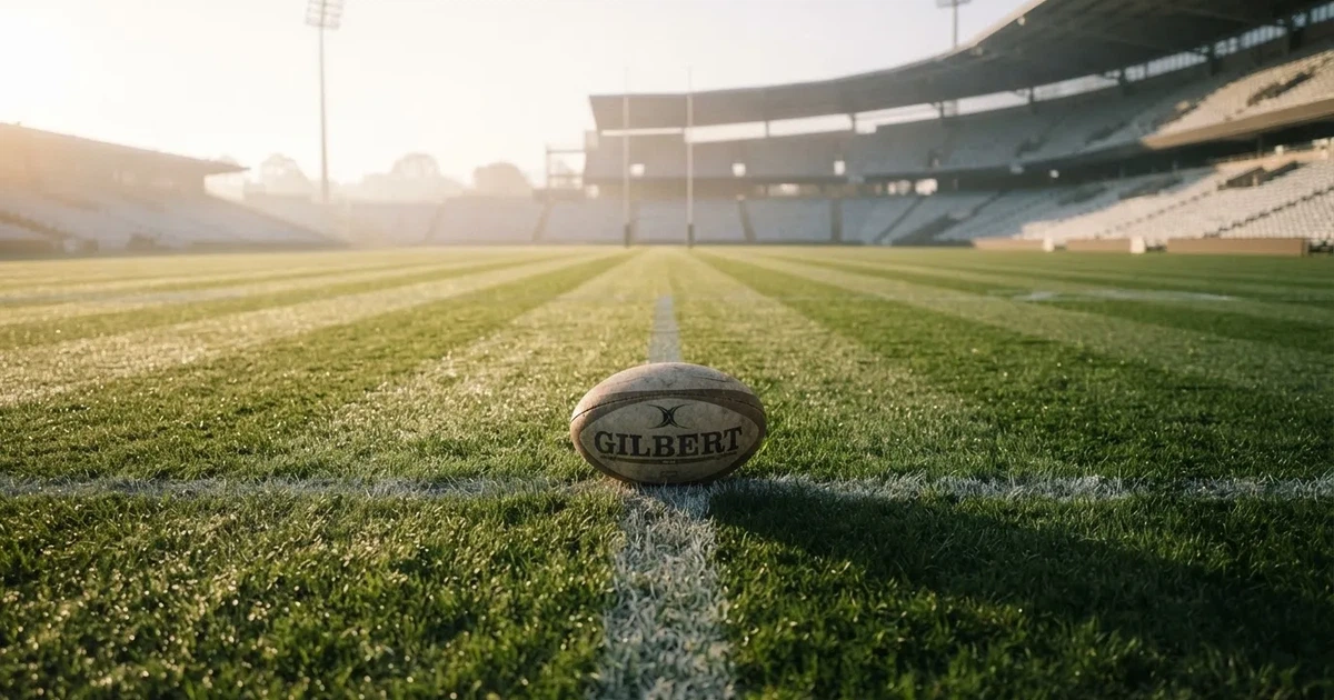 A ball on the centre spot of a grass pitch in morning light
