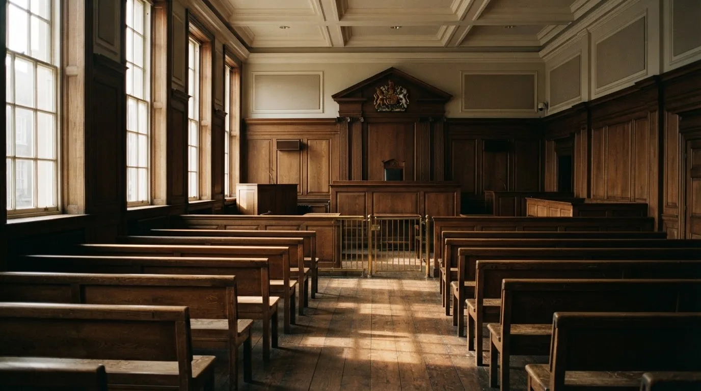 An empty courtroom with wooden benches in morning light
