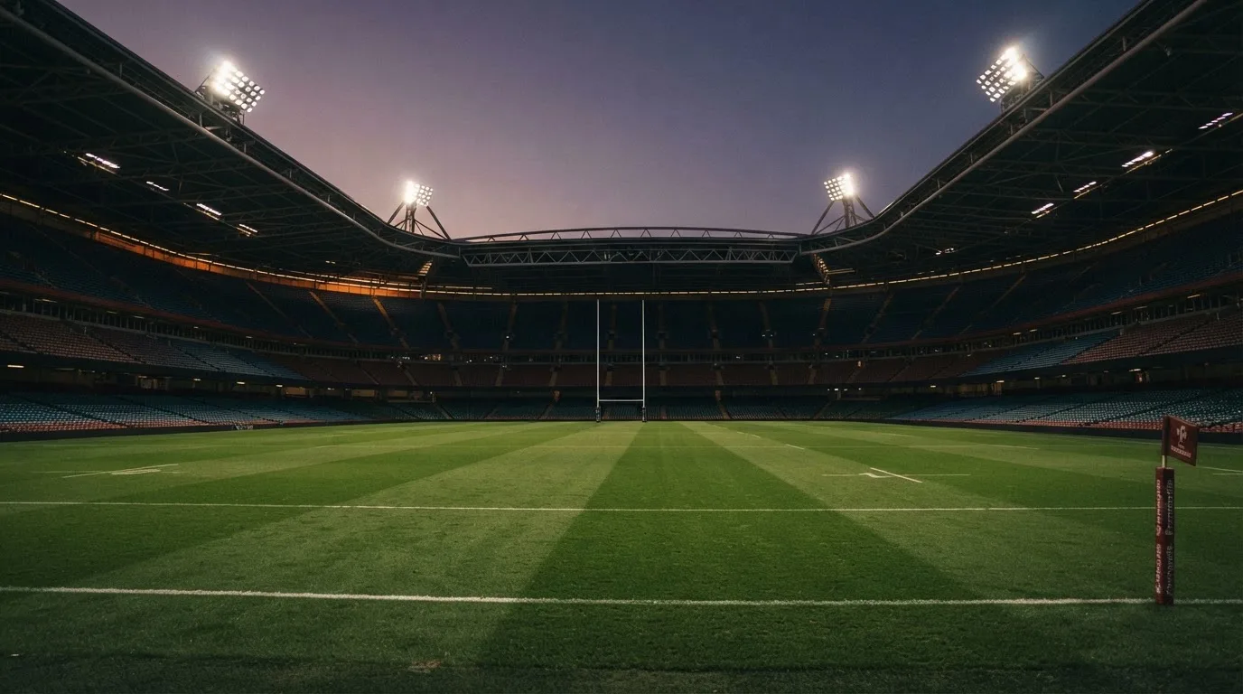 An empty football stadium with floodlight masts at dusk