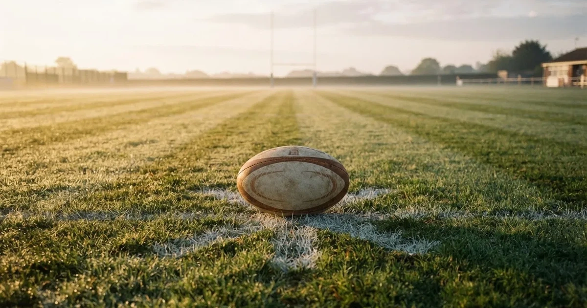 A ball on the centre spot of a grass pitch in morning light