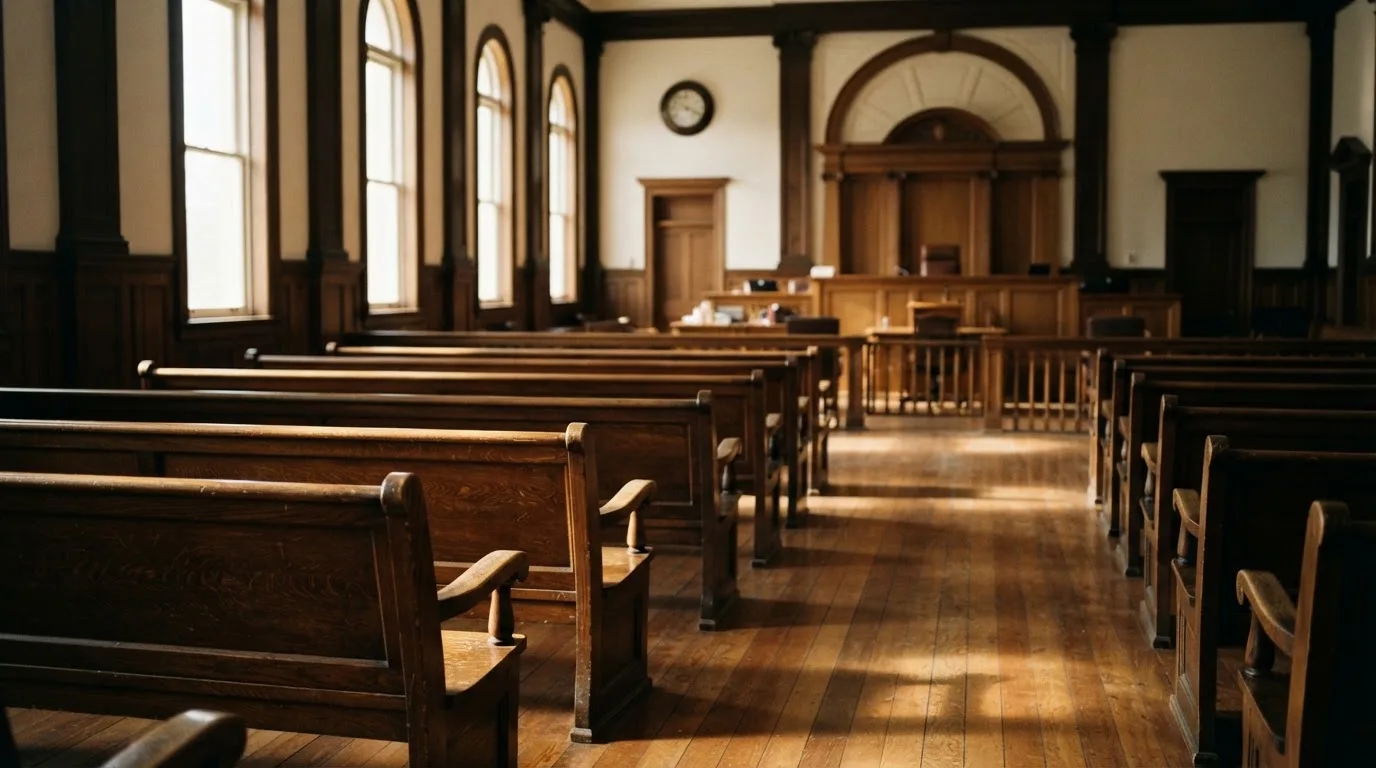 An empty courtroom with wooden benches in morning light