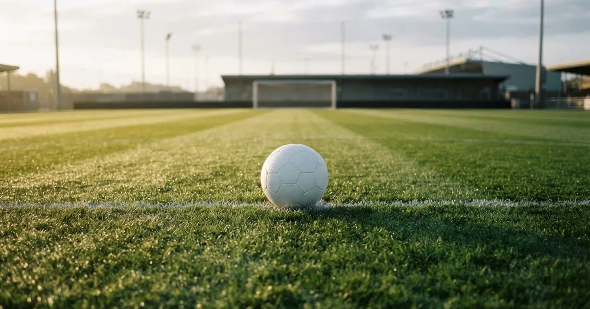 A ball on the centre spot of a grass pitch in morning light