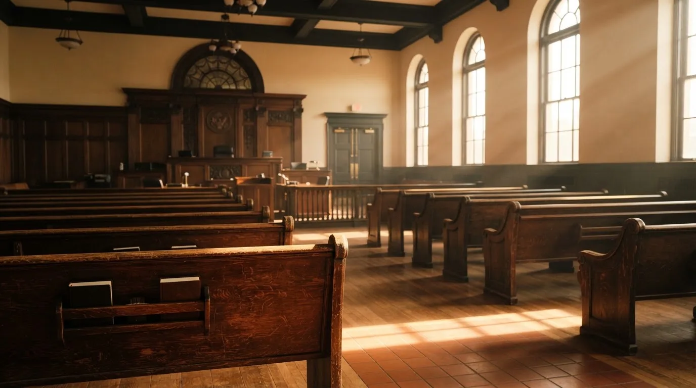 An empty courtroom with wooden benches in morning light