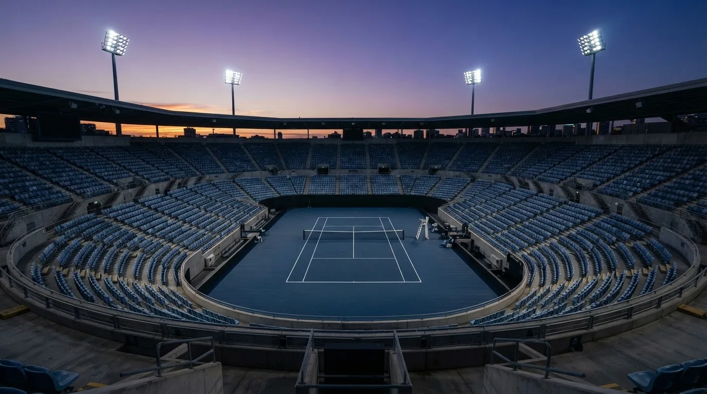 An empty football stadium with floodlight masts at dusk