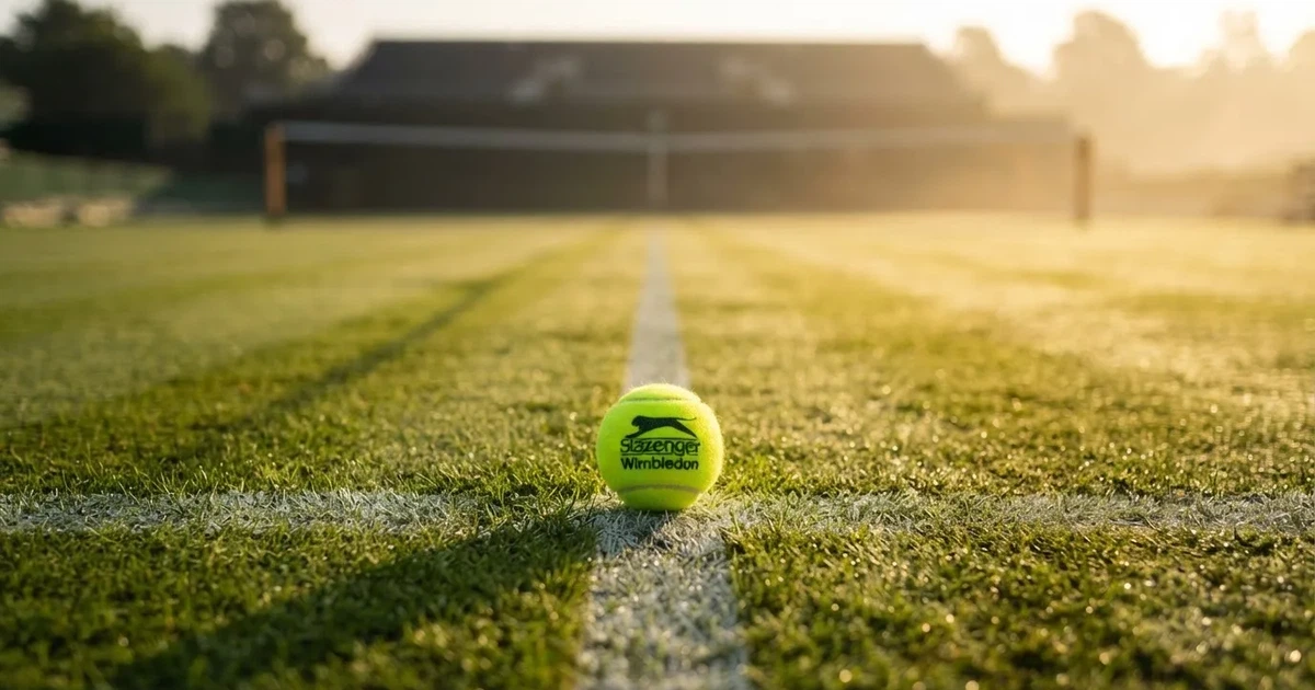 A ball on the centre spot of a grass pitch in morning light