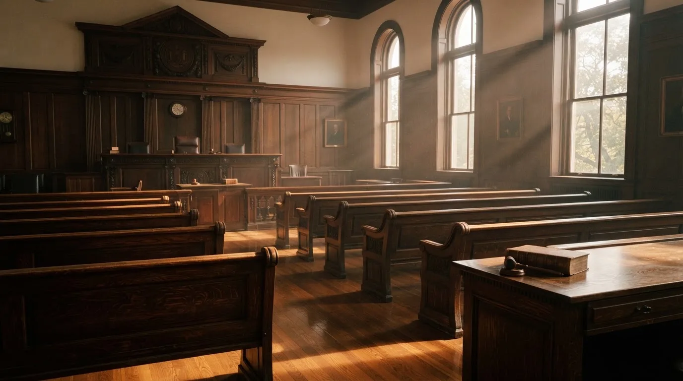 An empty courtroom with wooden benches in morning light