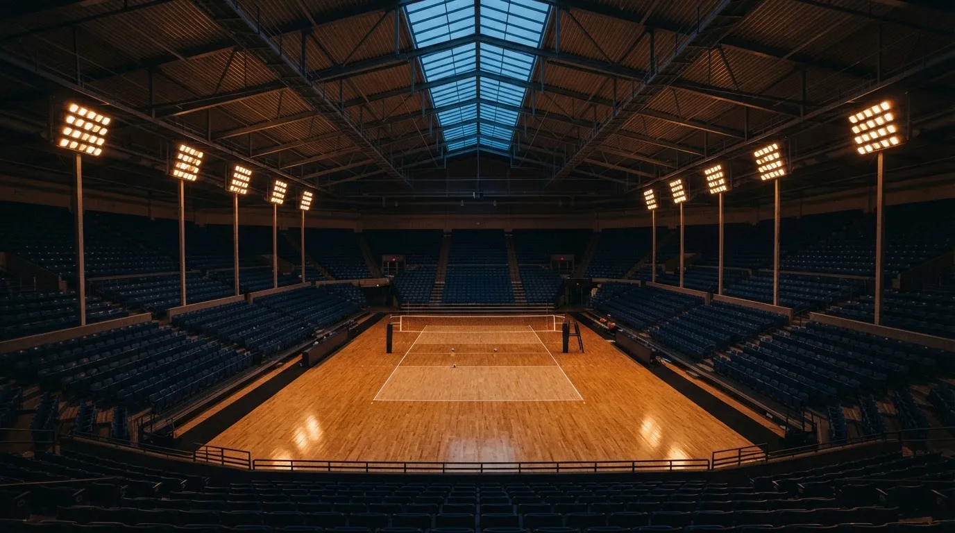 An empty football stadium with floodlight masts at dusk