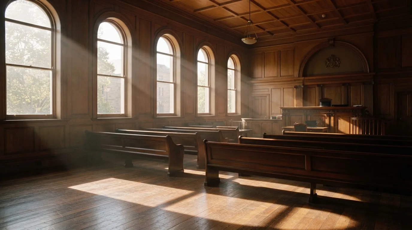 An empty courtroom with wooden benches in morning light