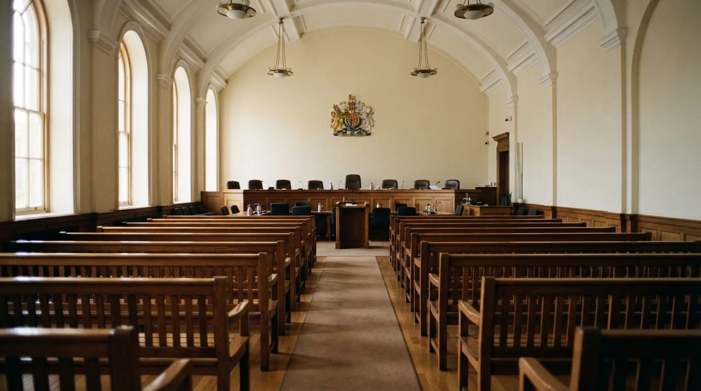 An empty courtroom with wooden benches in morning light