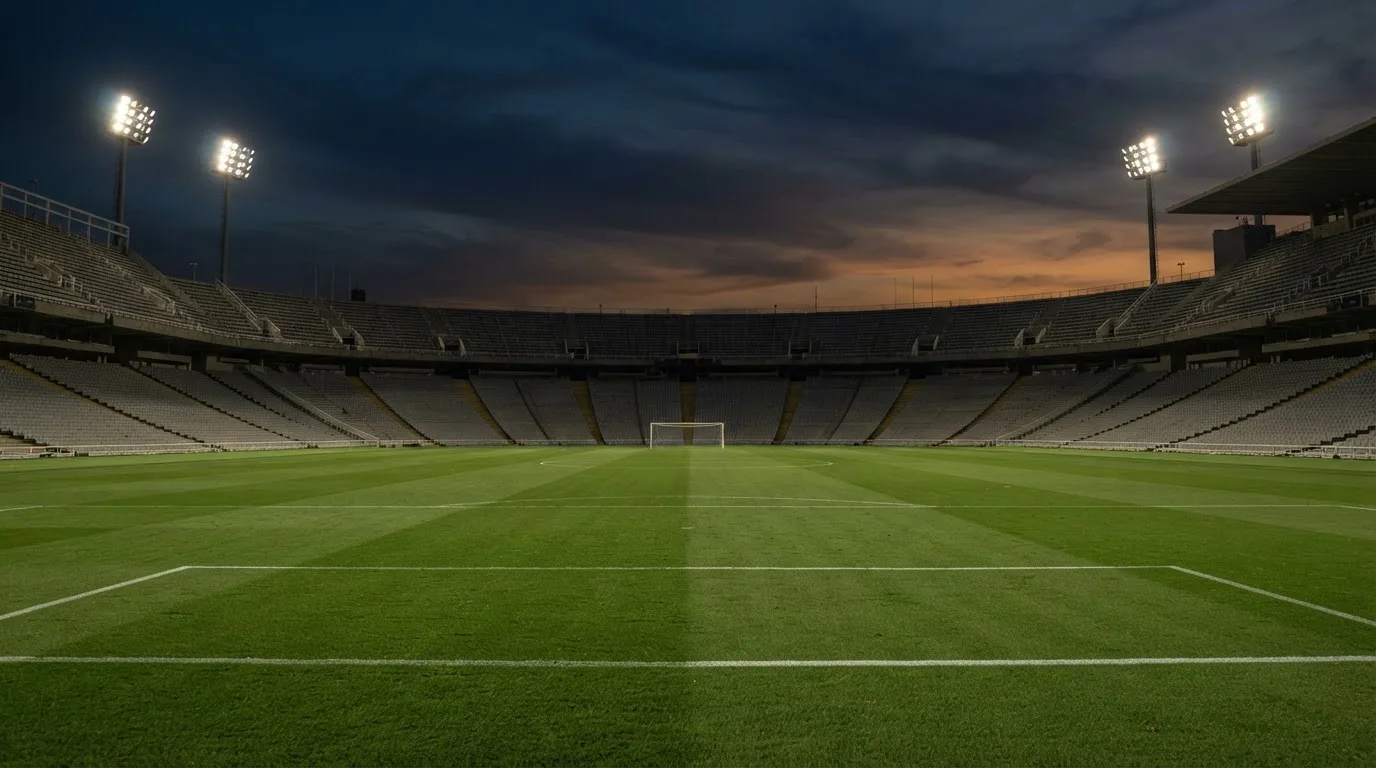 An empty football stadium with floodlight masts at dusk