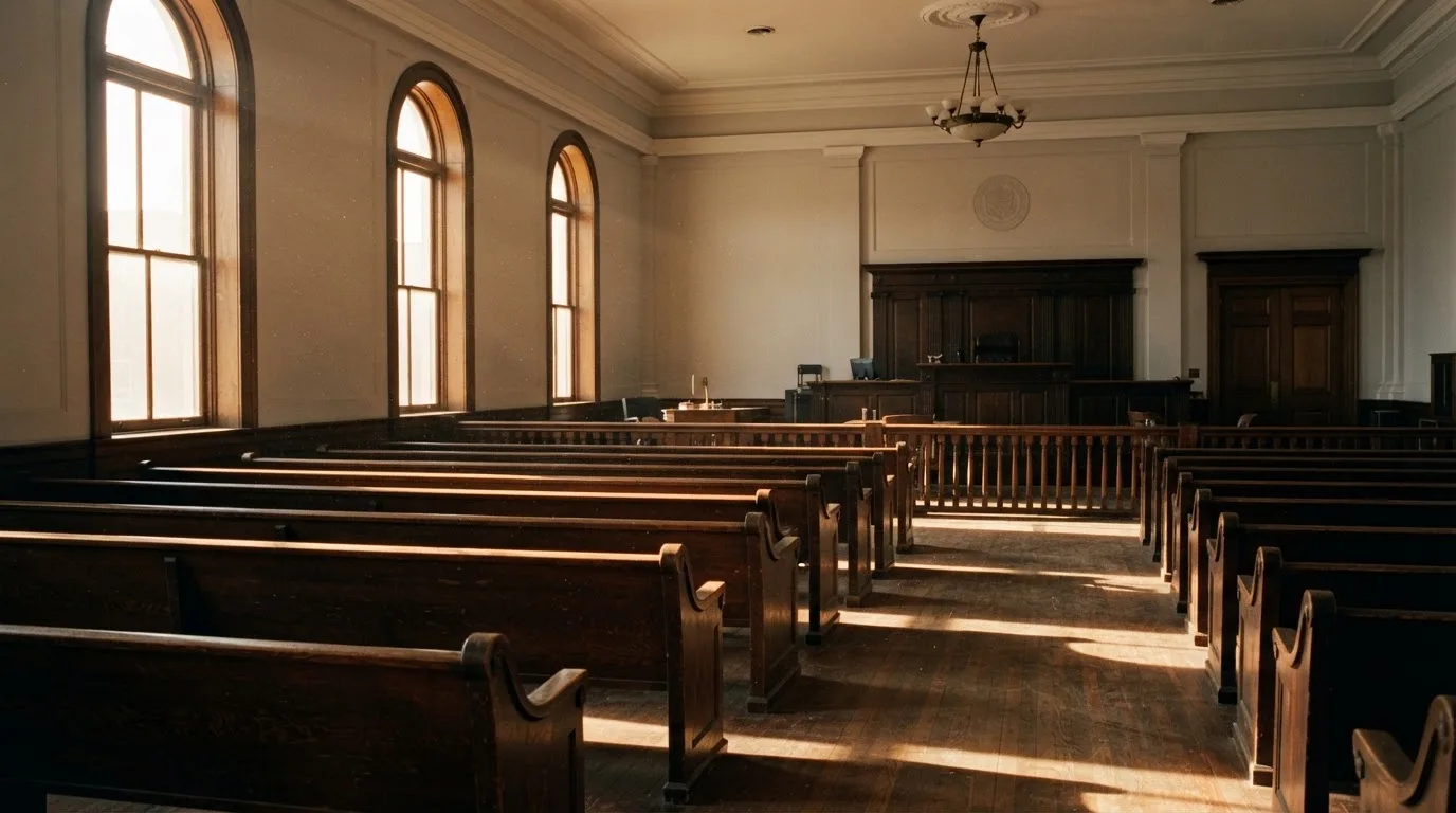 An empty courtroom with wooden benches in morning light