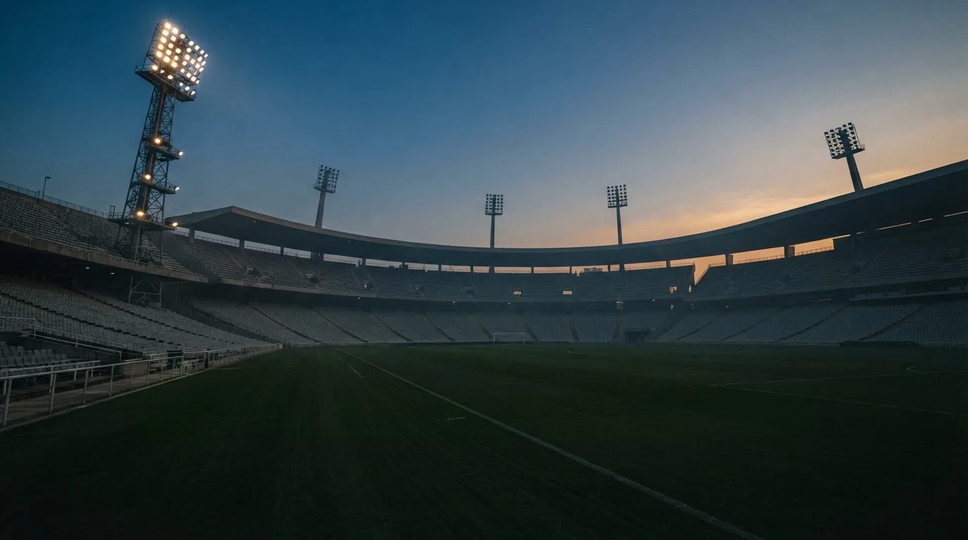 An empty football stadium with floodlight masts at dusk
