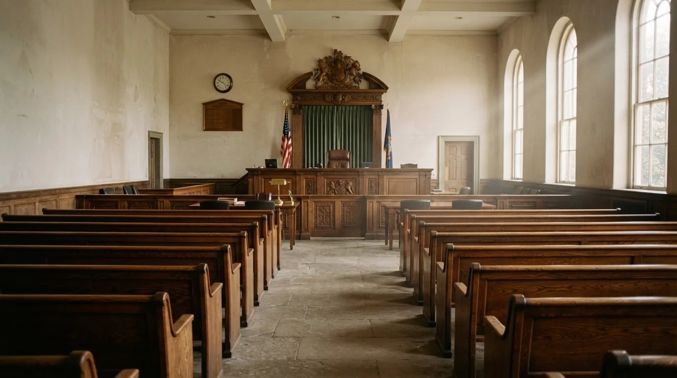 An empty courtroom with wooden benches in morning light