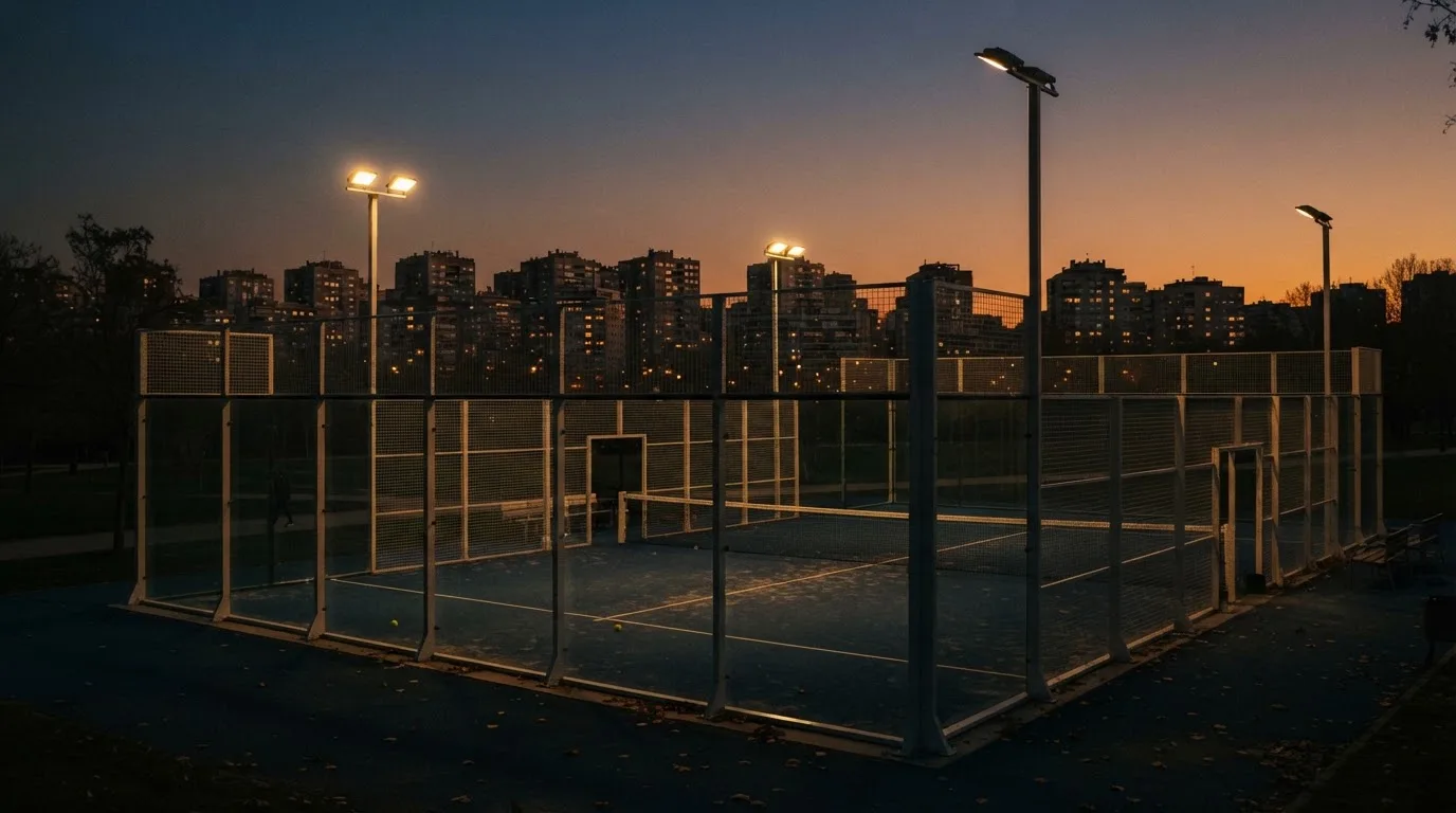 An empty football stadium with floodlight masts at dusk