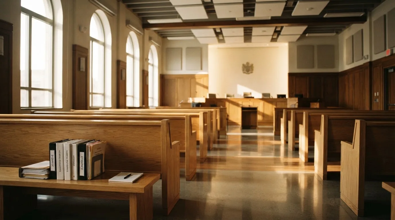 An empty courtroom with wooden benches in morning light