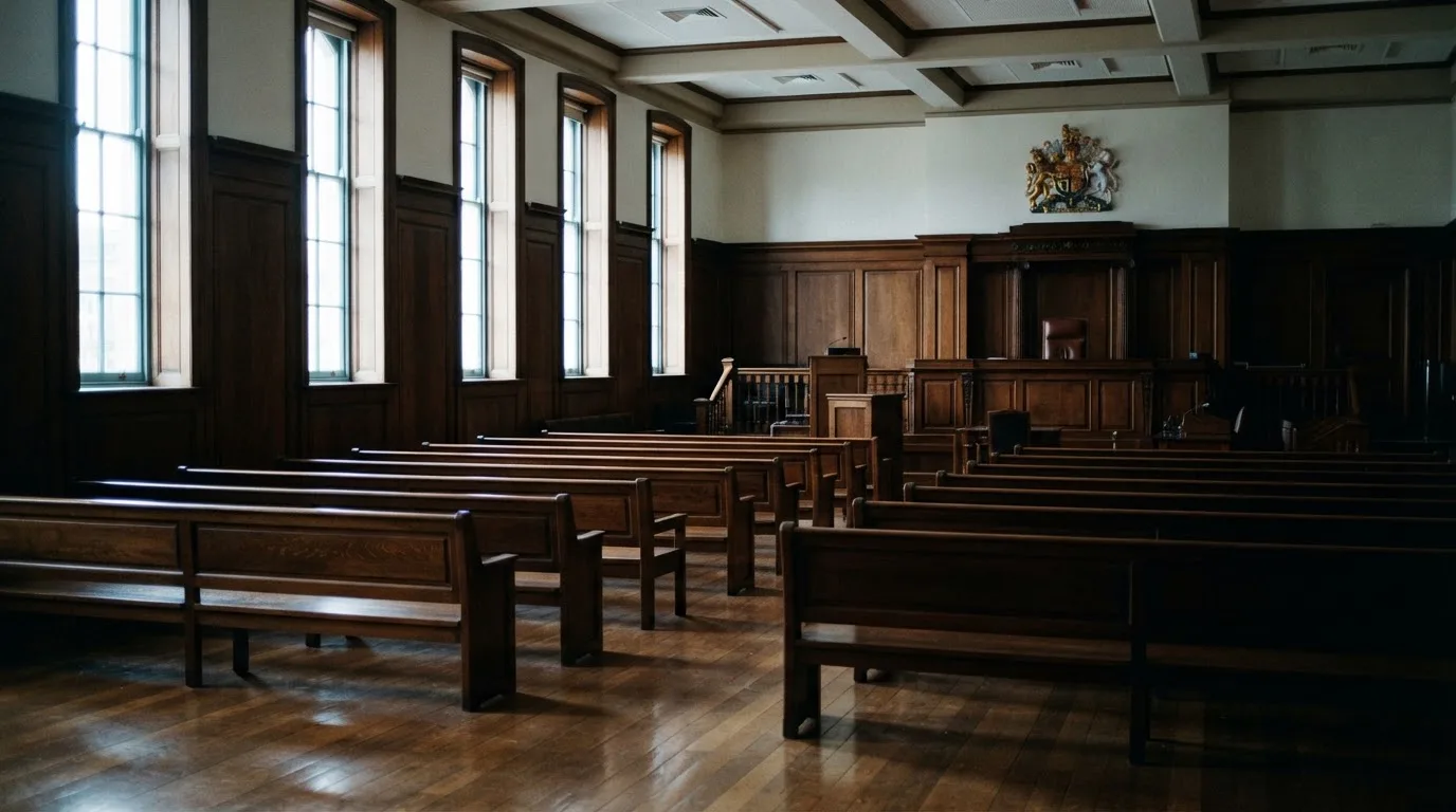 An empty courtroom with wooden benches in morning light