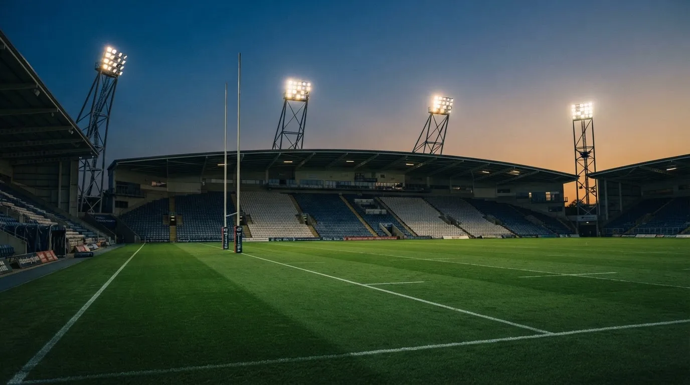 An empty football stadium with floodlight masts at dusk