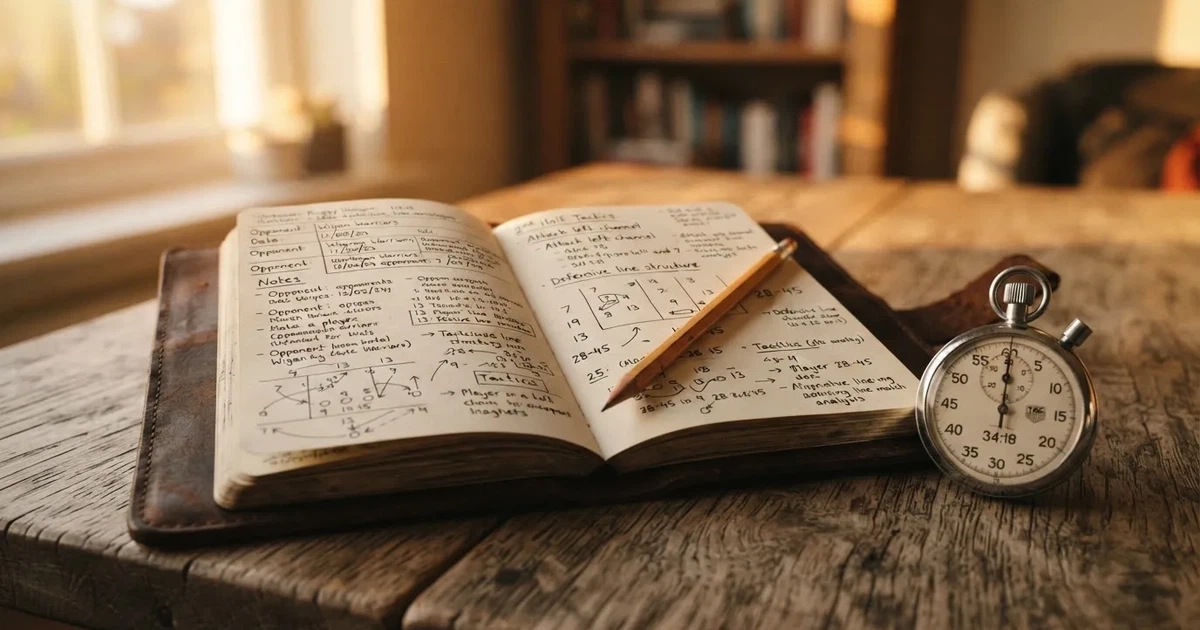 An open notebook with a pencil and a stopwatch on a wooden table