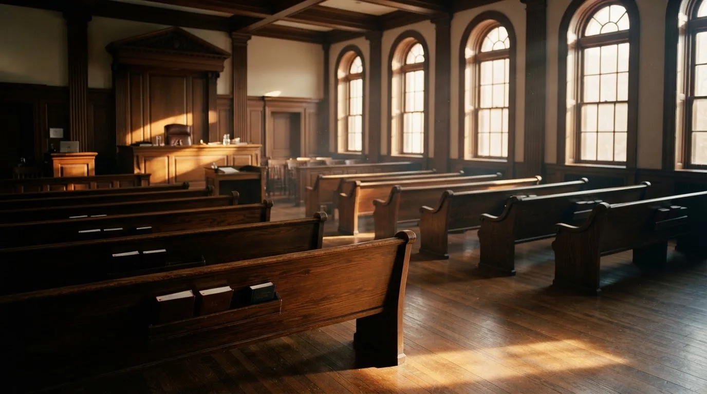 An empty courtroom with wooden benches in morning light