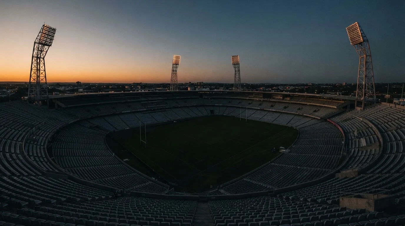An empty football stadium with floodlight masts at dusk