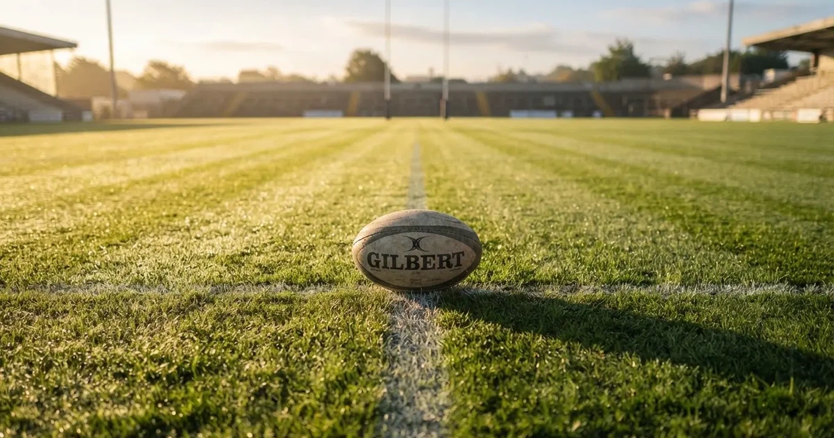 A ball on the centre spot of a grass pitch in morning light