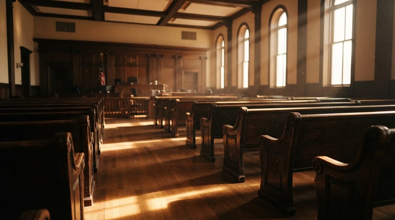 An empty courtroom with wooden benches in morning light