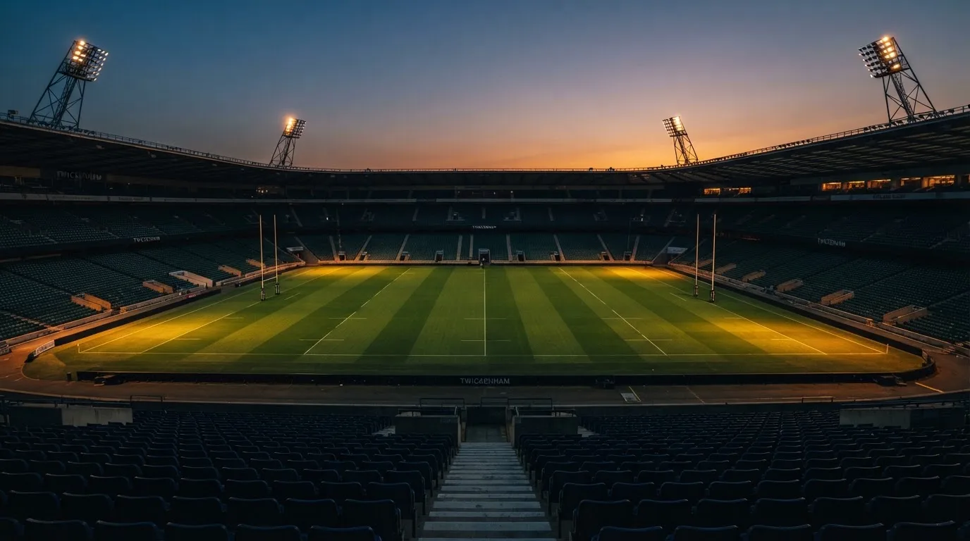 An empty football stadium with floodlight masts at dusk