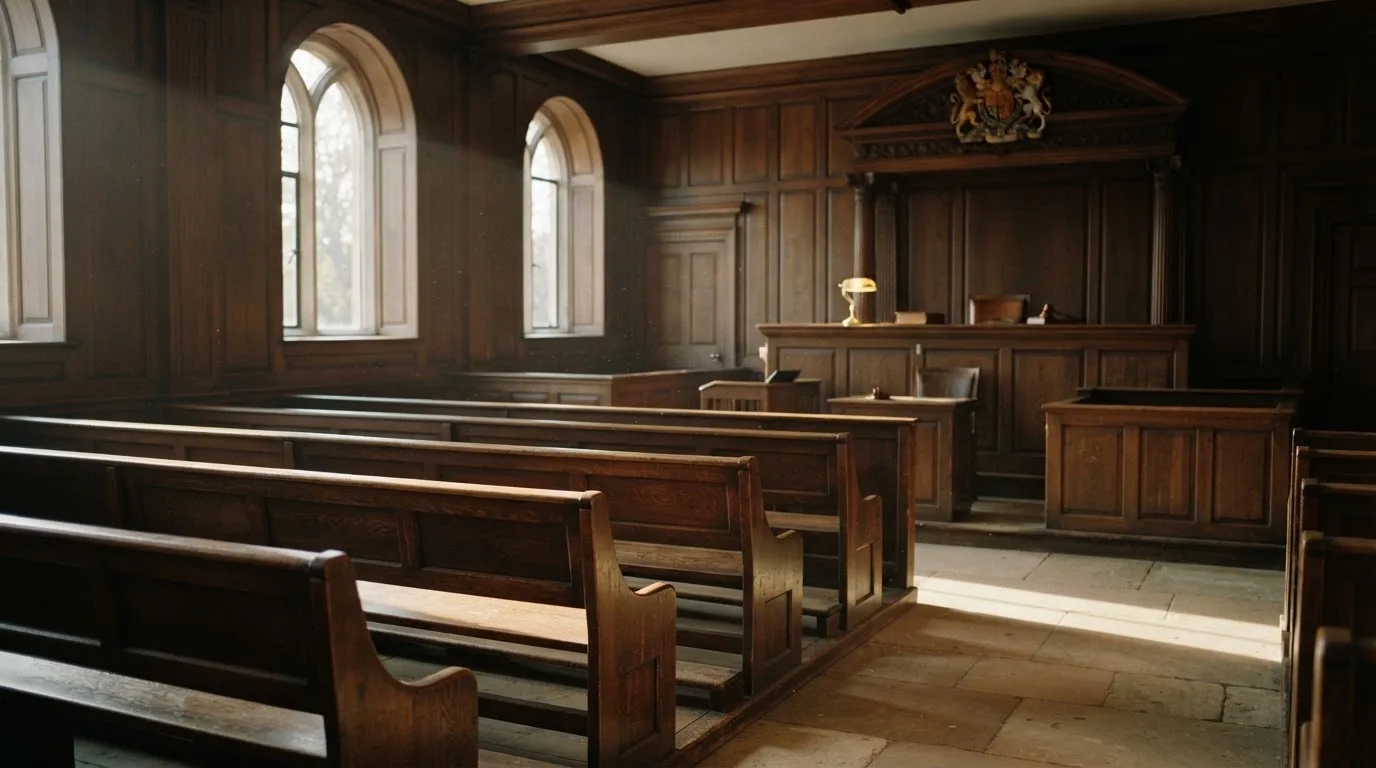 An empty courtroom with wooden benches in morning light