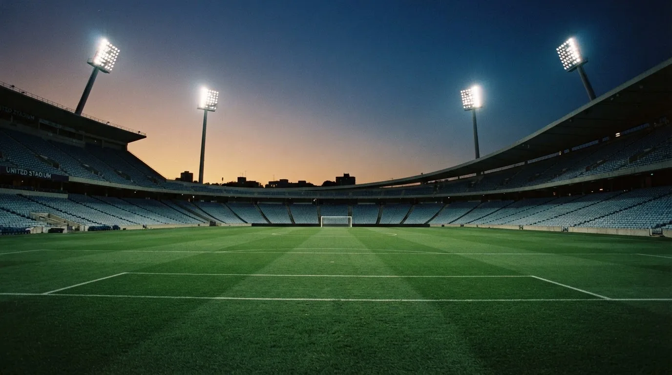 An empty football stadium with floodlight masts at dusk