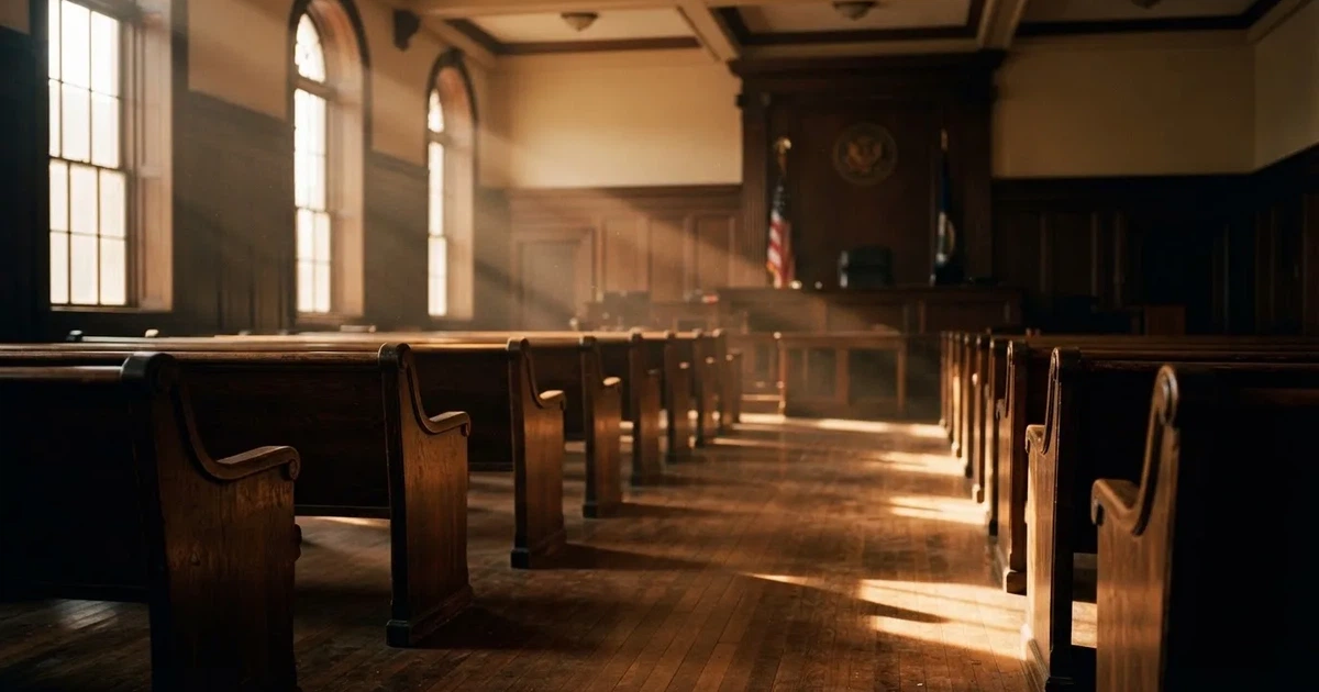 An empty courtroom with wooden benches in morning light