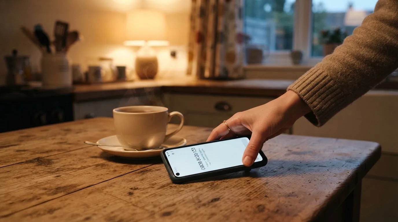 A hand setting a smartphone down beside a cup of tea on a kitchen table on a quiet evening